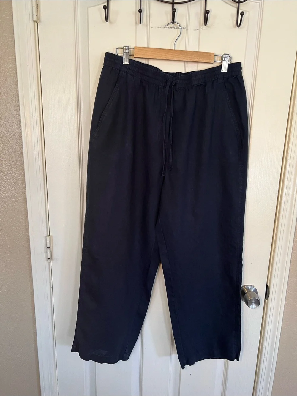Banana Republic 100% Linen Wide Leg Pants Navy Blue Drawstring Size Large